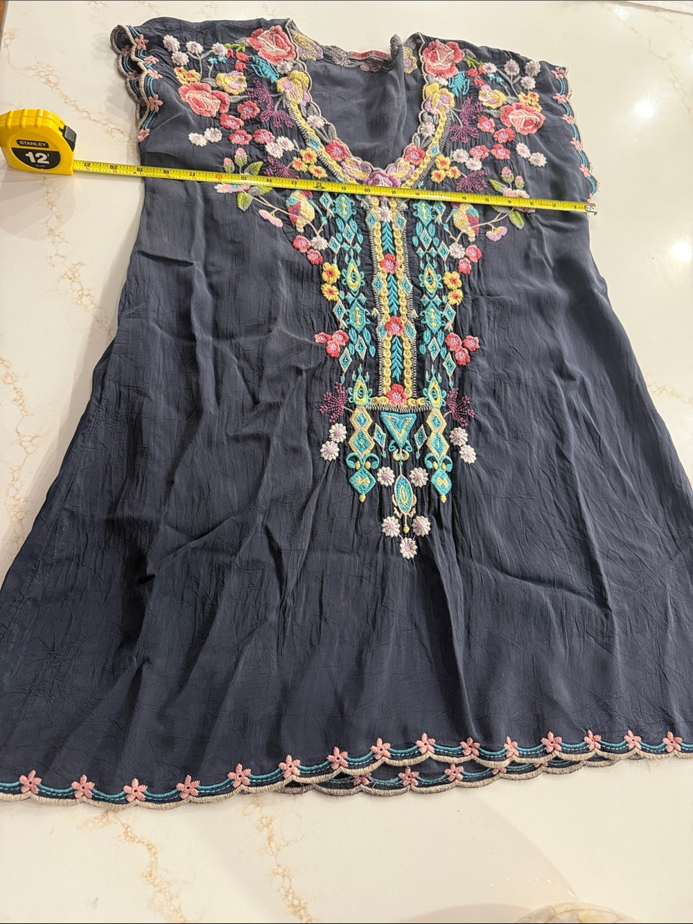 Johnny Was Navy Embroidered Boho Tunic with Floral Yoke - Picture 3 of 5